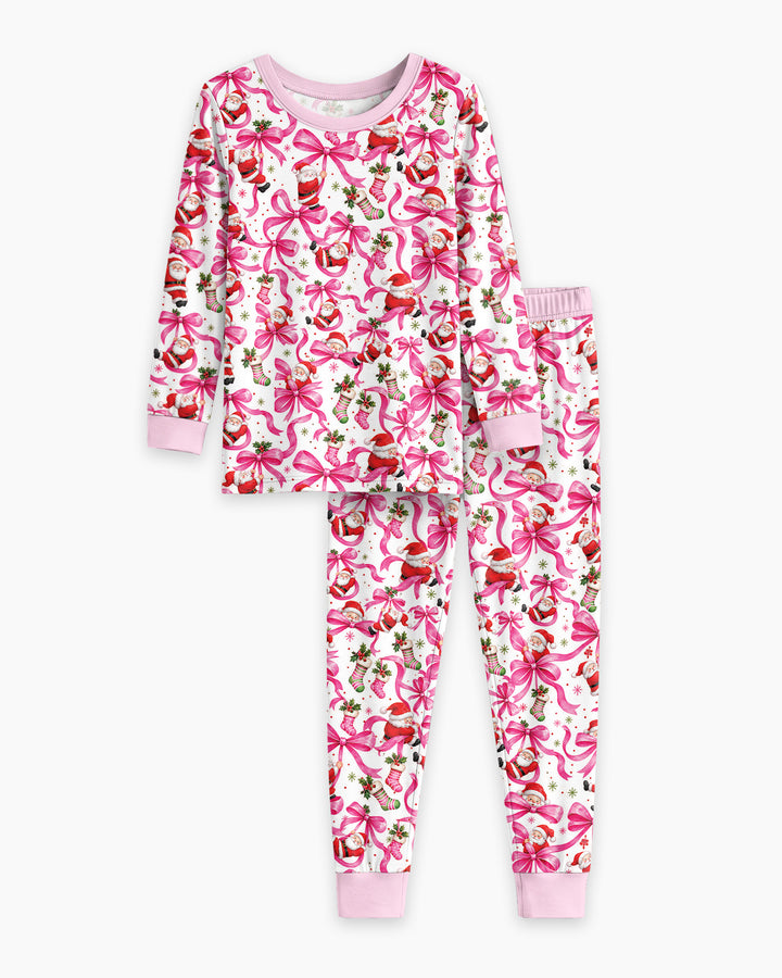 Pink Christmas Santa Bows Bamboo Two Piece Long Sleeve Pajama Set