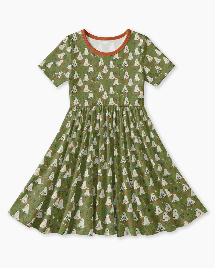 Cute Ghost Halloween Moss Green Floral Bamboo Twirl Dress