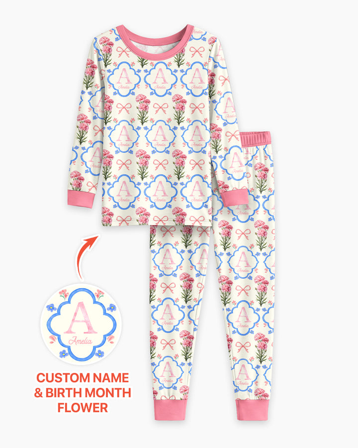 Personalized Birth Flower Mommy And Me Matching Bamboo Two Piece Long Sleeve Pajama Set