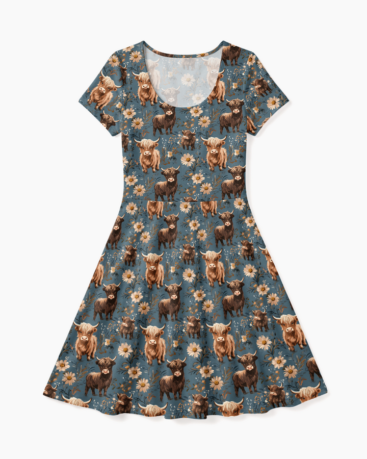 Majestic Highland Cows Family Matching  Bamboo Women’s Short Sleeve Twirl Dress