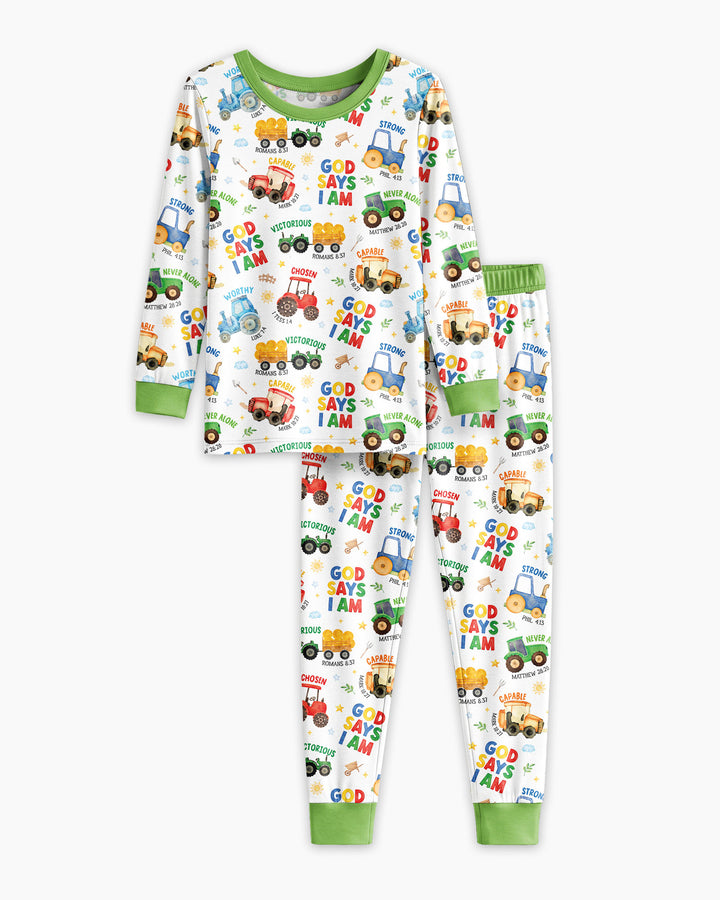 Farm Vehicles God Says I am Bamboo Two Piece Long Sleeve Pajama Set