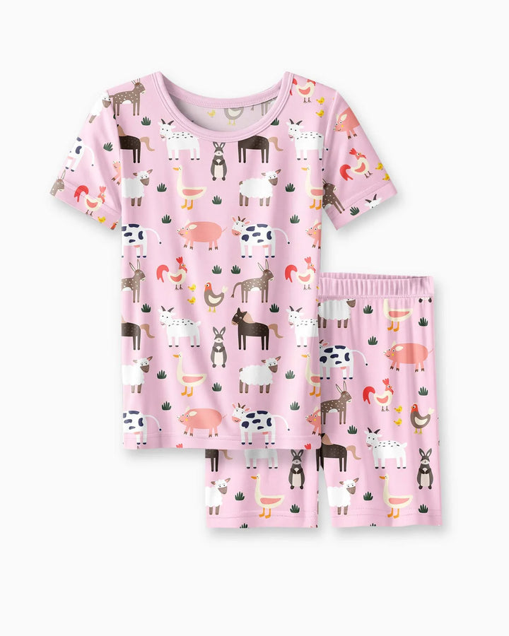 Pink Farm Animals Bamboo Two Piece Short Sleeve Shorts Pajama Set