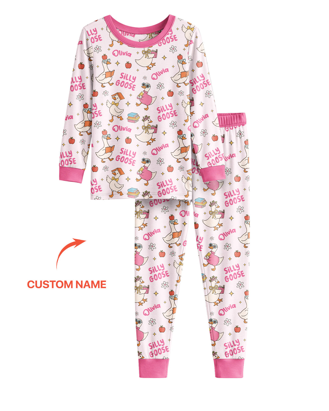 Custom Name Silly Goose Back to School Bamboo Two Piece Long Sleeve Pajama Set