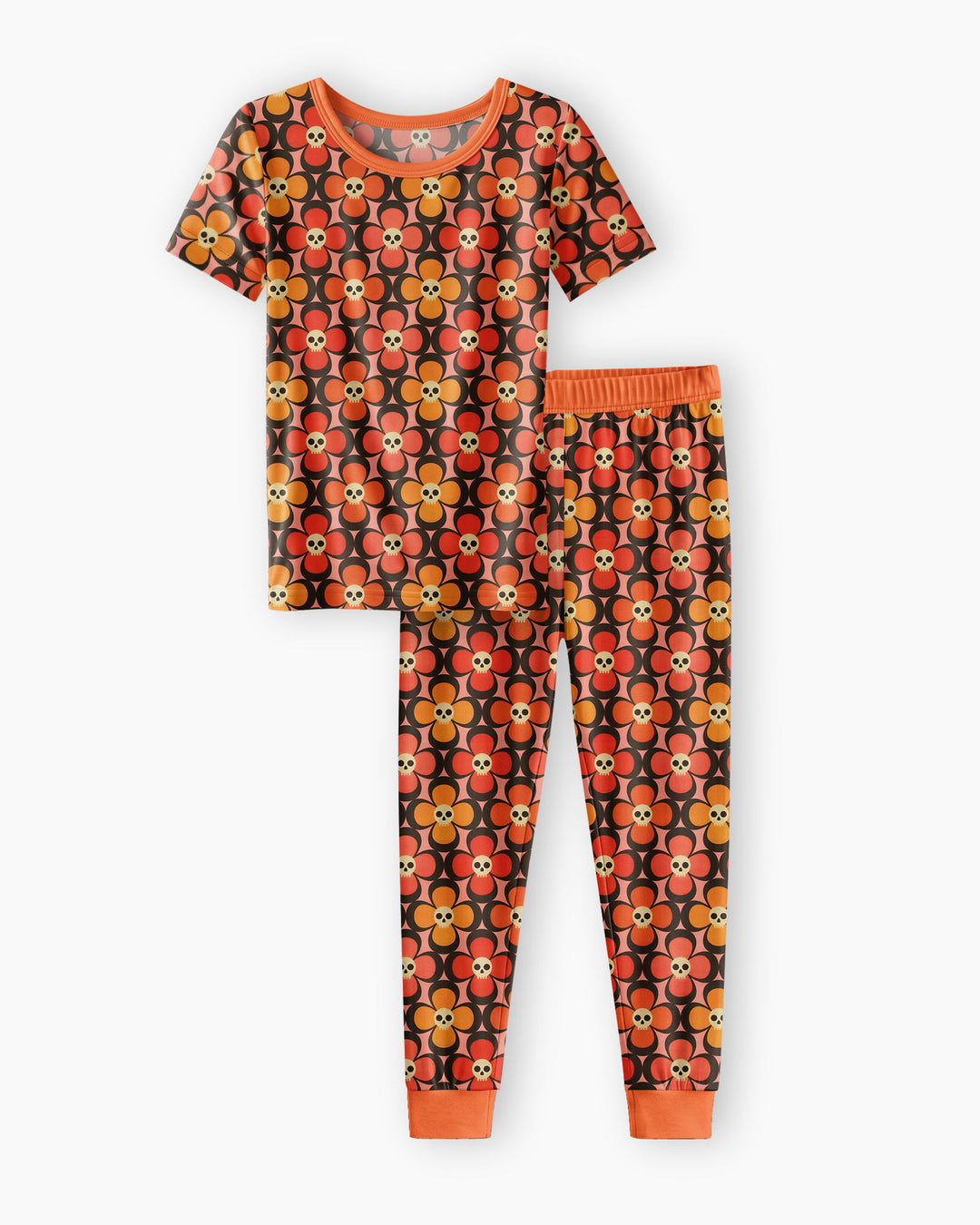 Retro Skull Flower Halloween Bamboo Two Piece Short Sleeve Pajama Set