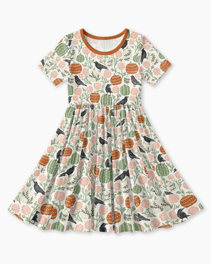 Country Crows with Mums and Pumpkins Bamboo Twirl Dress