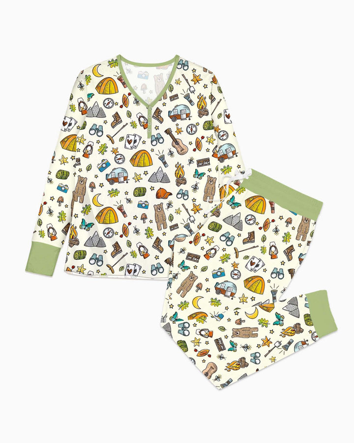 Pyjama-Set für Damen aus Bambus mit passendem „Love Camping“-Familienmotiv