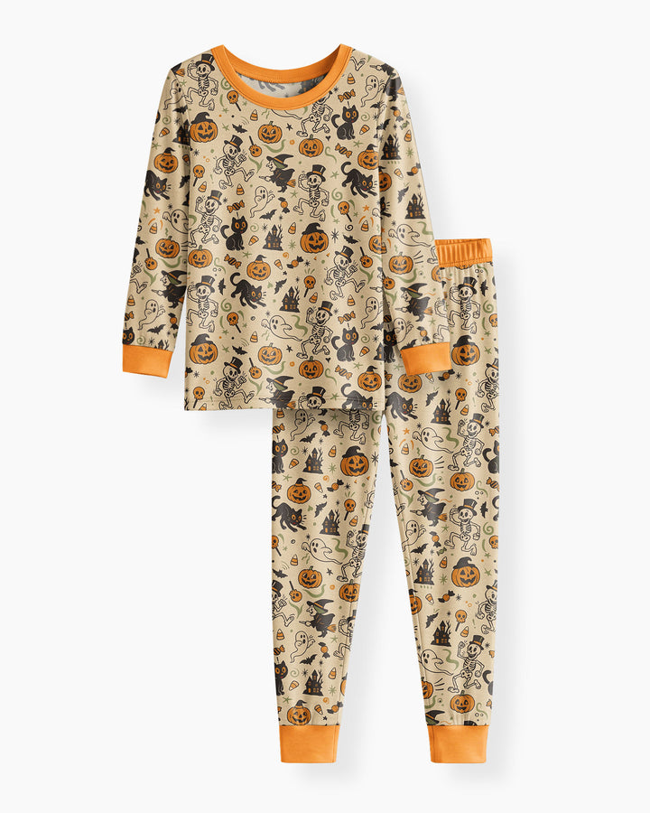 Vintage Skeleton Pumpkin Halloween Bamboo Two Piece Long Sleeve Pajama Set