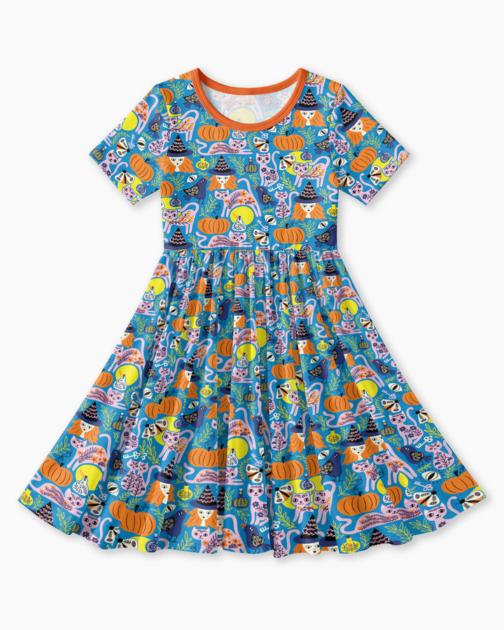 Whimsical Witch Cats Bamboo Twirl Dress