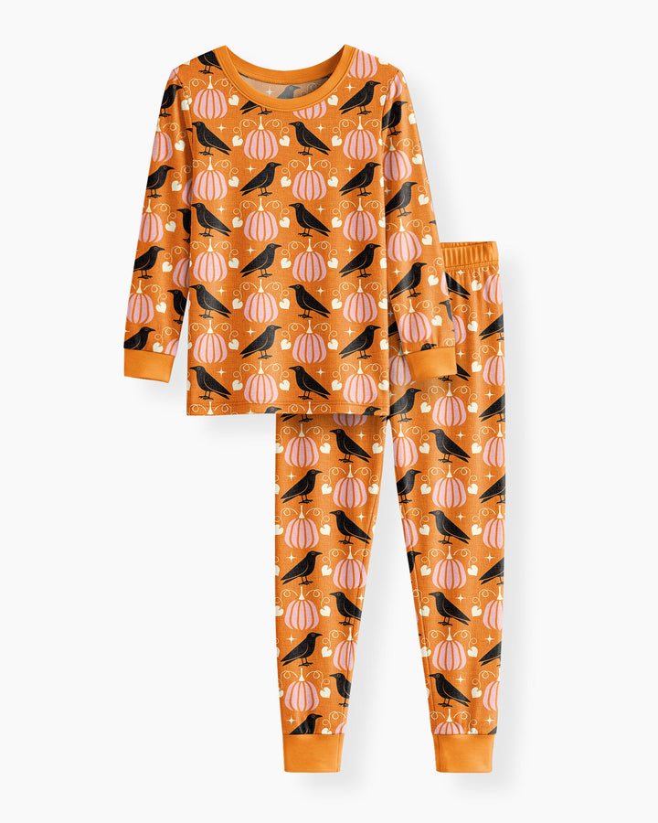 Ravens in a Pumpkin Patch - Orange Pink Bamboo Two Piece Long Sleeve Pajama Set