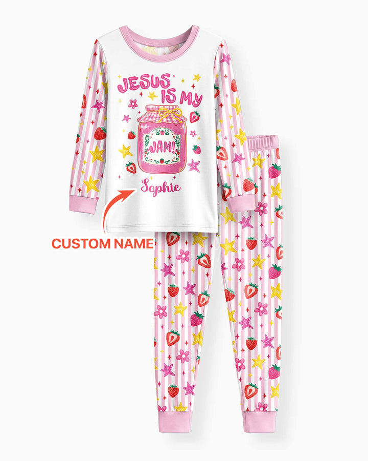 Custom Name Jesus is My Strawberry Jam Bamboo Two Piece Long Sleeve Pajama Set