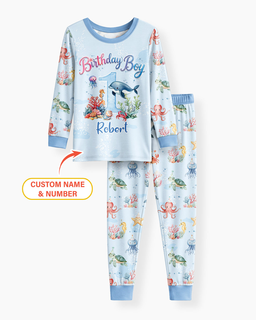 Under the Sea Birthday Custom Name & Age Bamboo Two Piece Long Sleeve Pajama Set