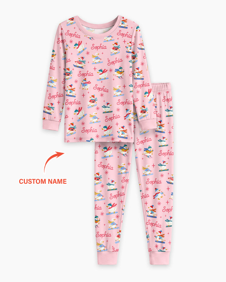 Custom Name Skiing Goose Bamboo Two Piece Long Sleeve Pajama Set