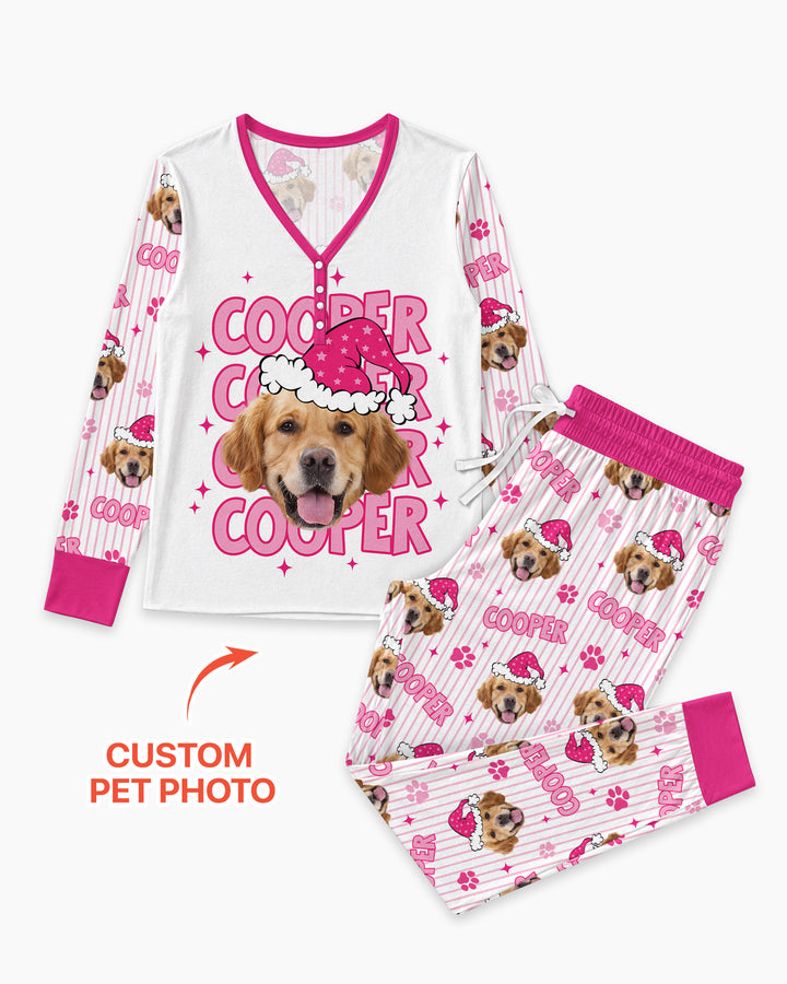 Personalized Pink Santa Dog Bamboo Women Pajama Set