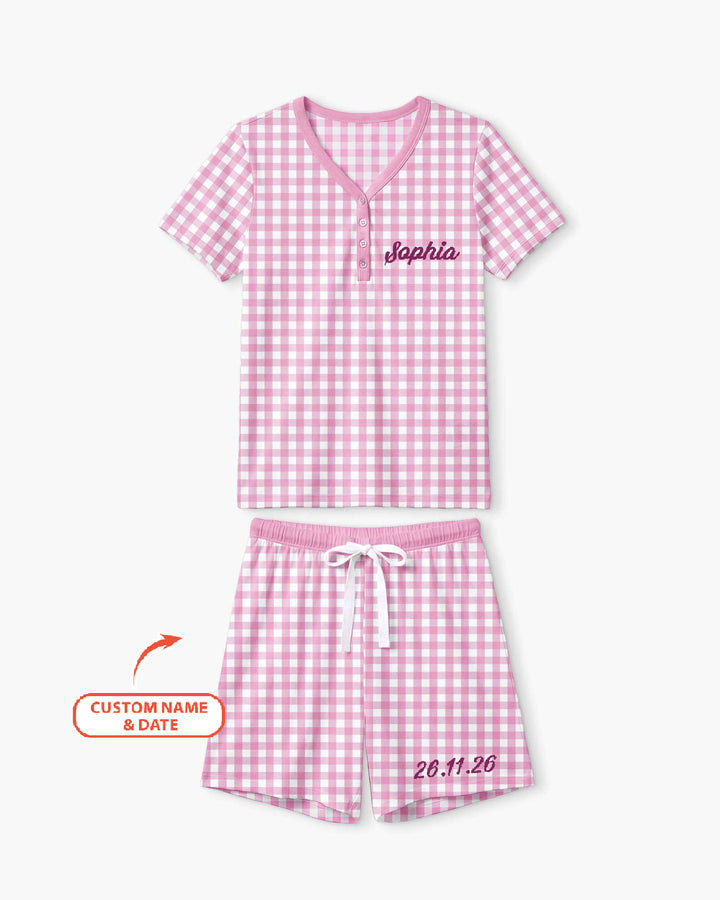 Embroidered Seersucker Bamboo Women Short Sleeve Short Pajama Set