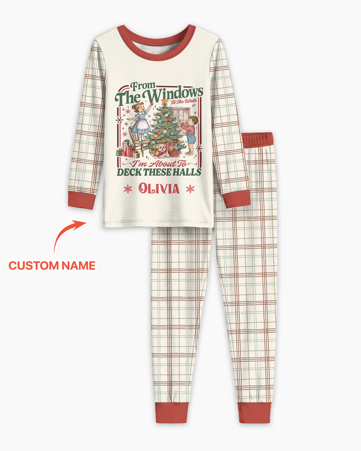 Custom Name Vintage Deck The Halls Bamboo Two Piece Long Sleeve Pajama Set