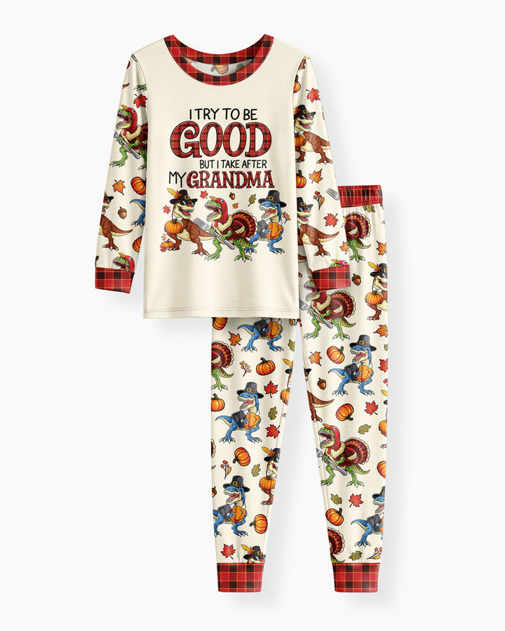 Dinosaur I Try To Be Good But I Take After My Grandma Bamboo Two Piece Long Sleeve Pajama Set