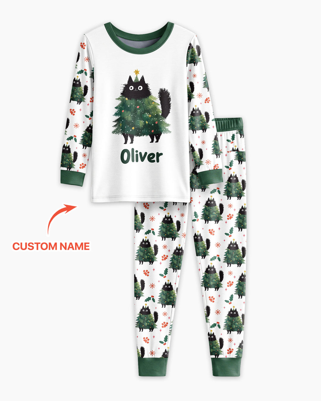 Custom Name Black Cat Christmas Bamboo Two Piece Long Sleeve Pajama Set