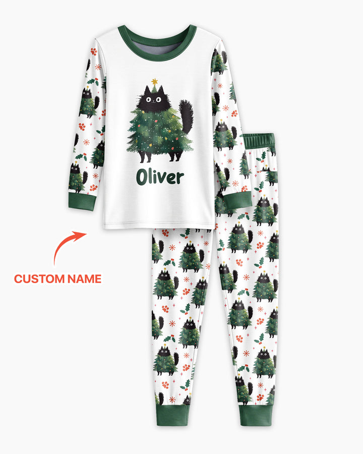 Custom Name Black Cat Christmas Bamboo Two Piece Long Sleeve Pajama Set