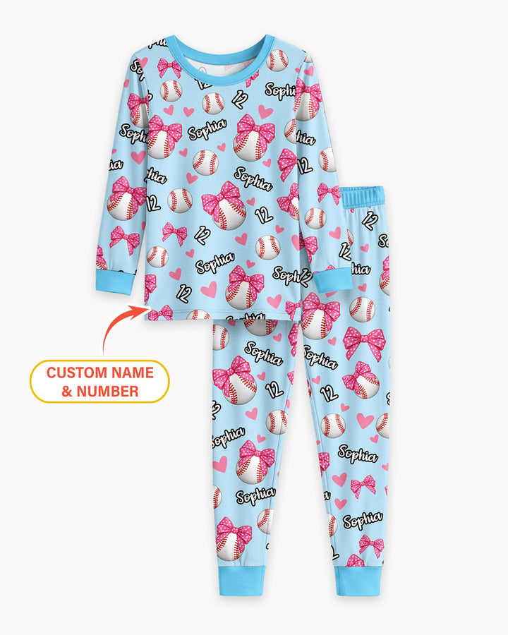 Coquette Ball Custom Name And Number Bamboo Two Piece Long Sleeve Pajama Set