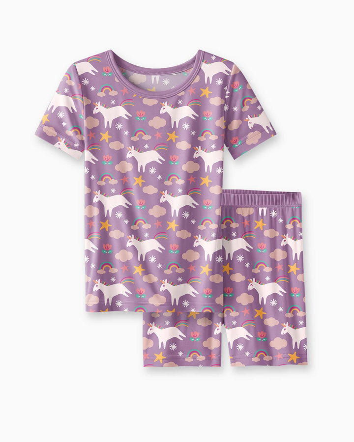 Lila Einhörner Bambus Zweiteiler Kurzarm Shorts Pyjama Set