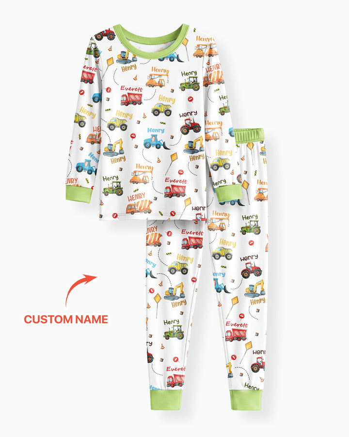Construction Vehicles Custom Name Bamboo Two Piece Long Sleeve Pajama Set