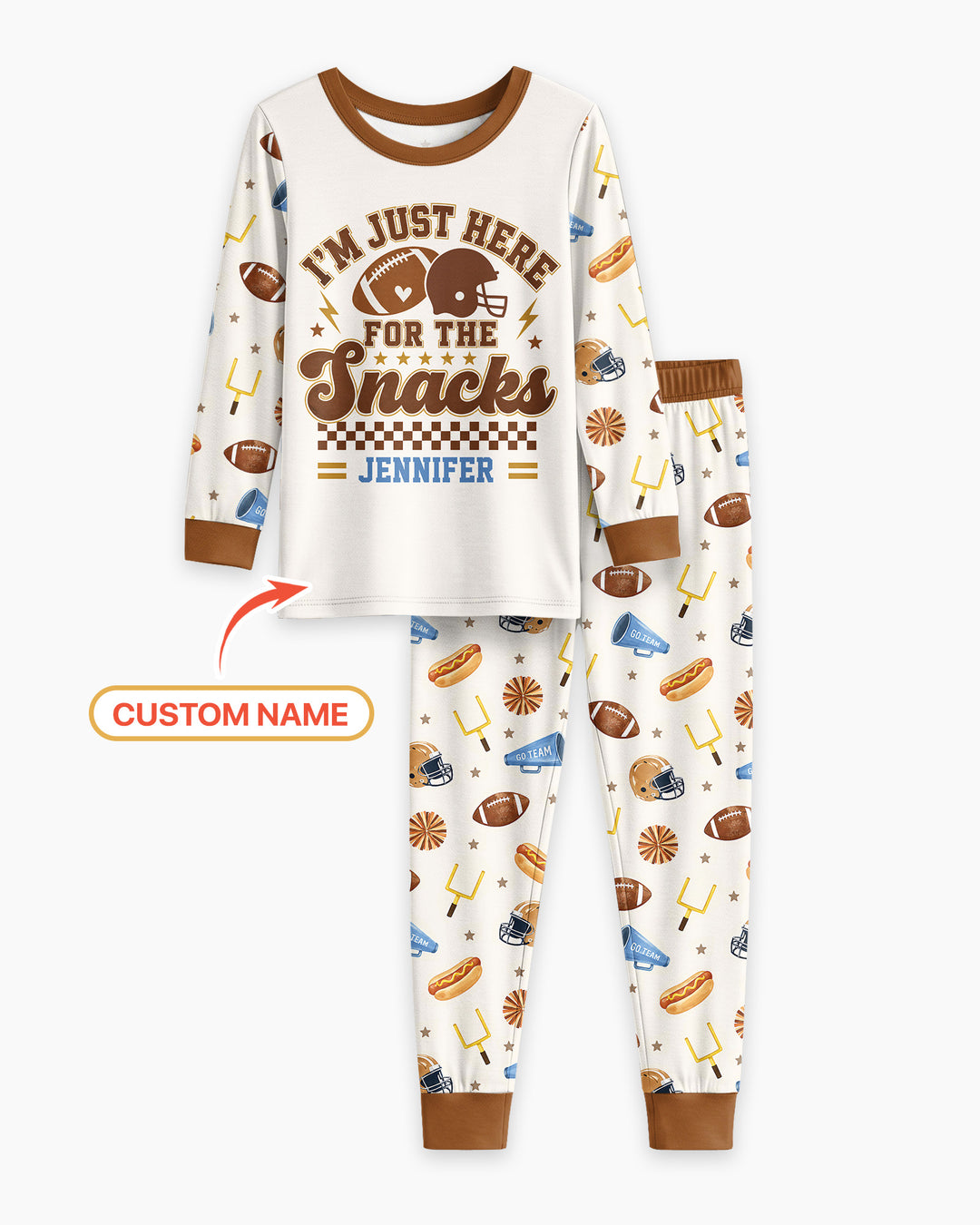 Custom Name Football I'm Just Here For The Snacks Bamboo Two Piece Long Sleeve Pajama Set