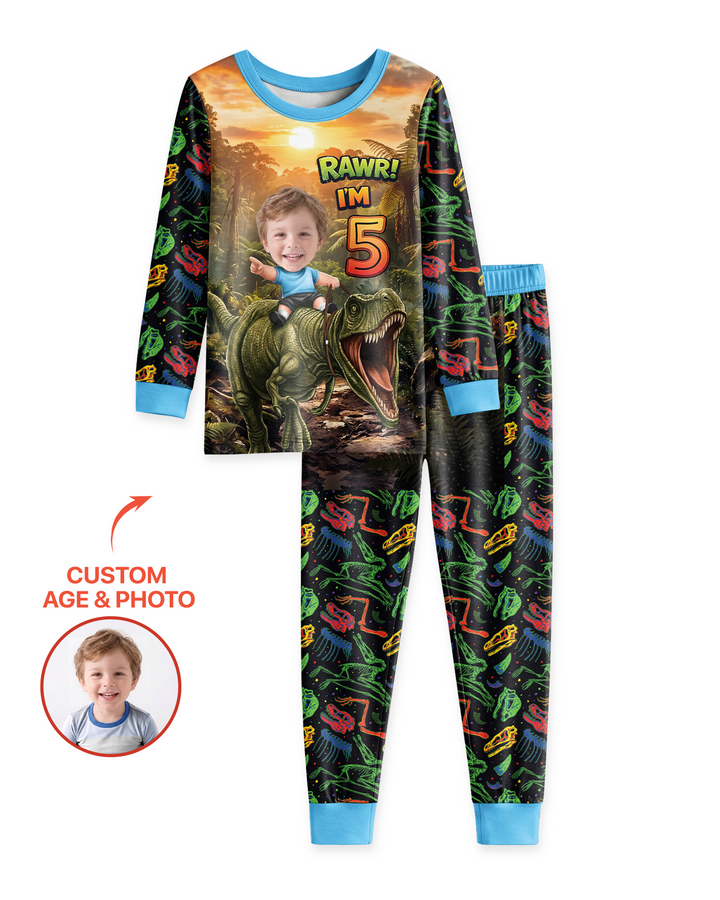 Custom Photo Dino Rawr Birthday Bamboo Two Piece Long Sleeve Pajama Set