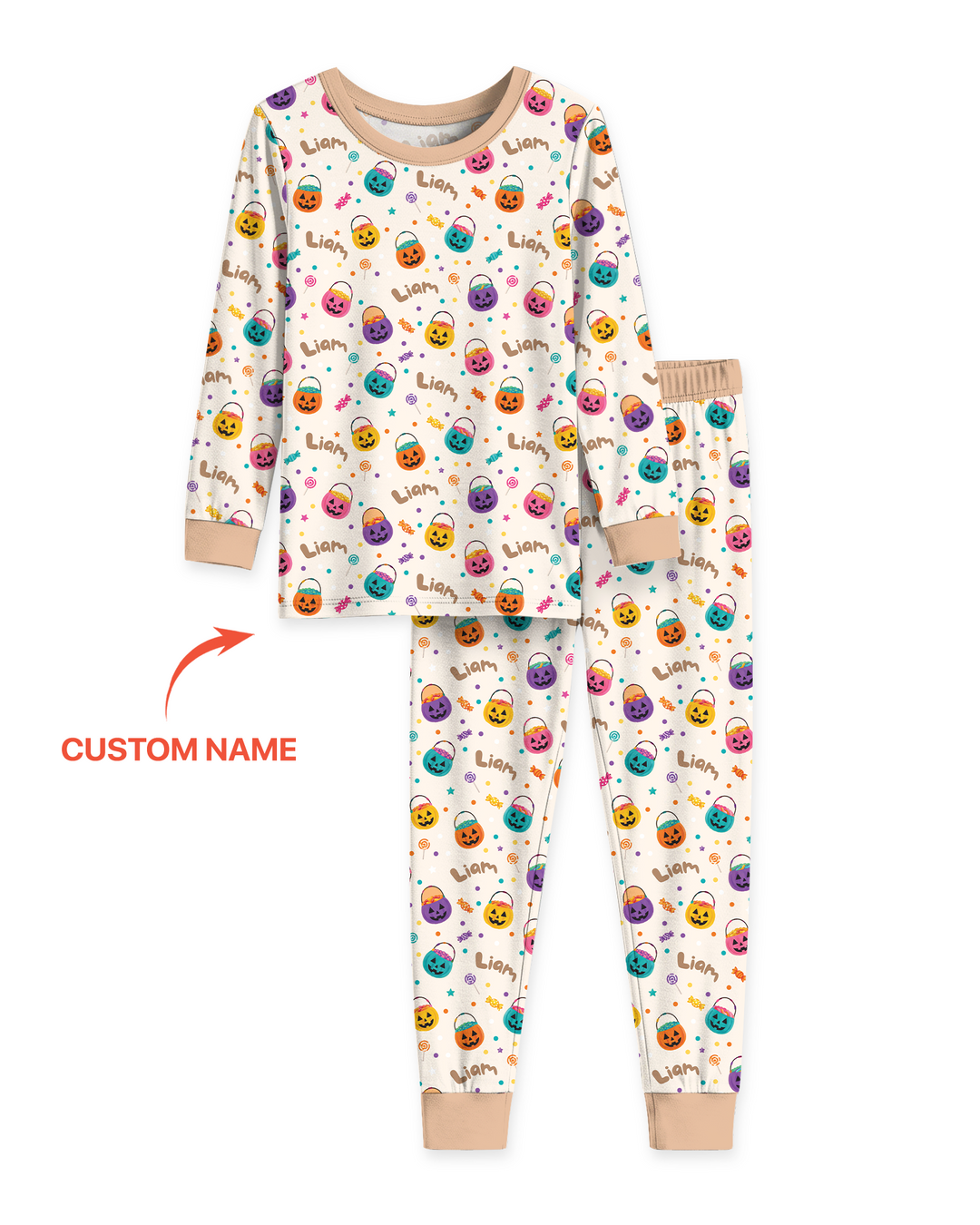 Custom Colorful Trick Or Treat Halloween Candy Bag Bamboo Two Piece Long Sleeve Pajama Set