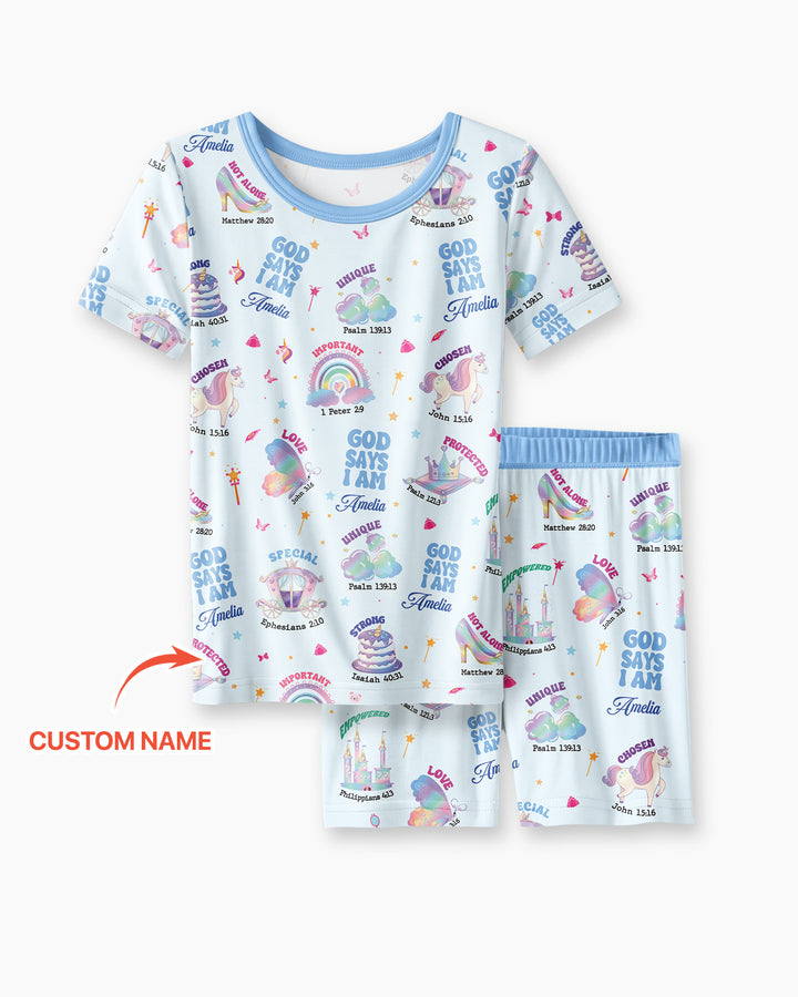 God Says I Am Custom Name - Dreamy Princess Bamboo Two Piece Short Sleeve Pajama Set