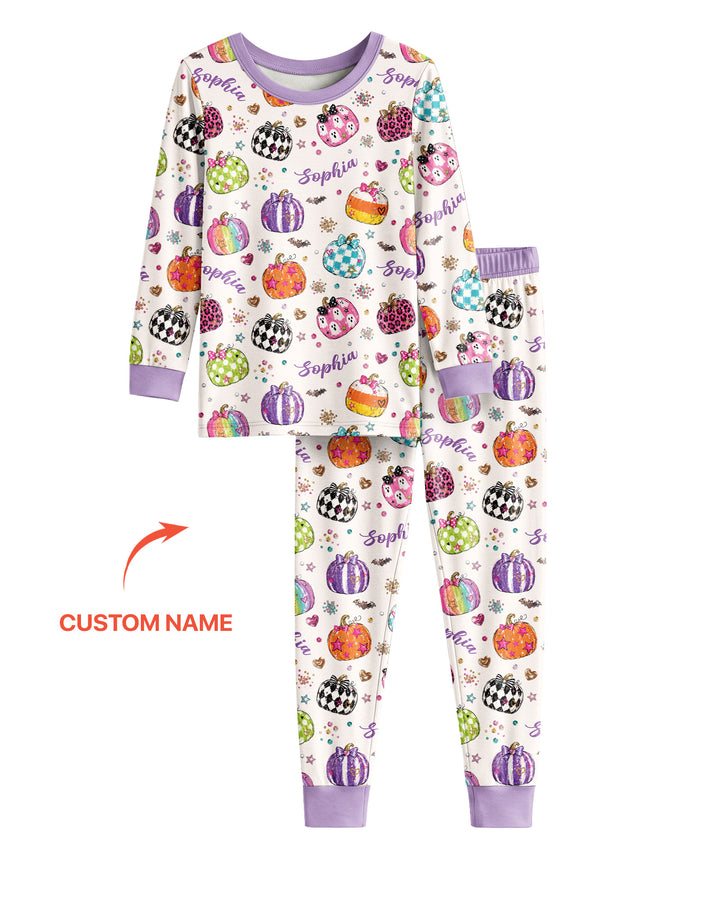 Custom Name Twinkle Pumpkin Bamboo Two Piece Long Sleeve Pajama Set