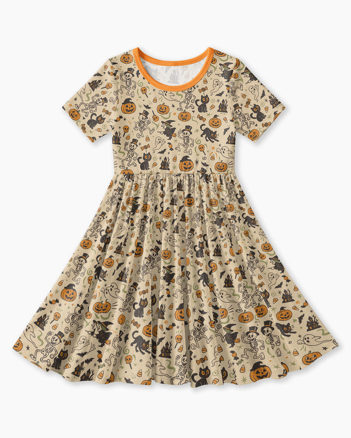 Vintage Skeleton Pumpkin Halloween Bamboo Twirl Dress