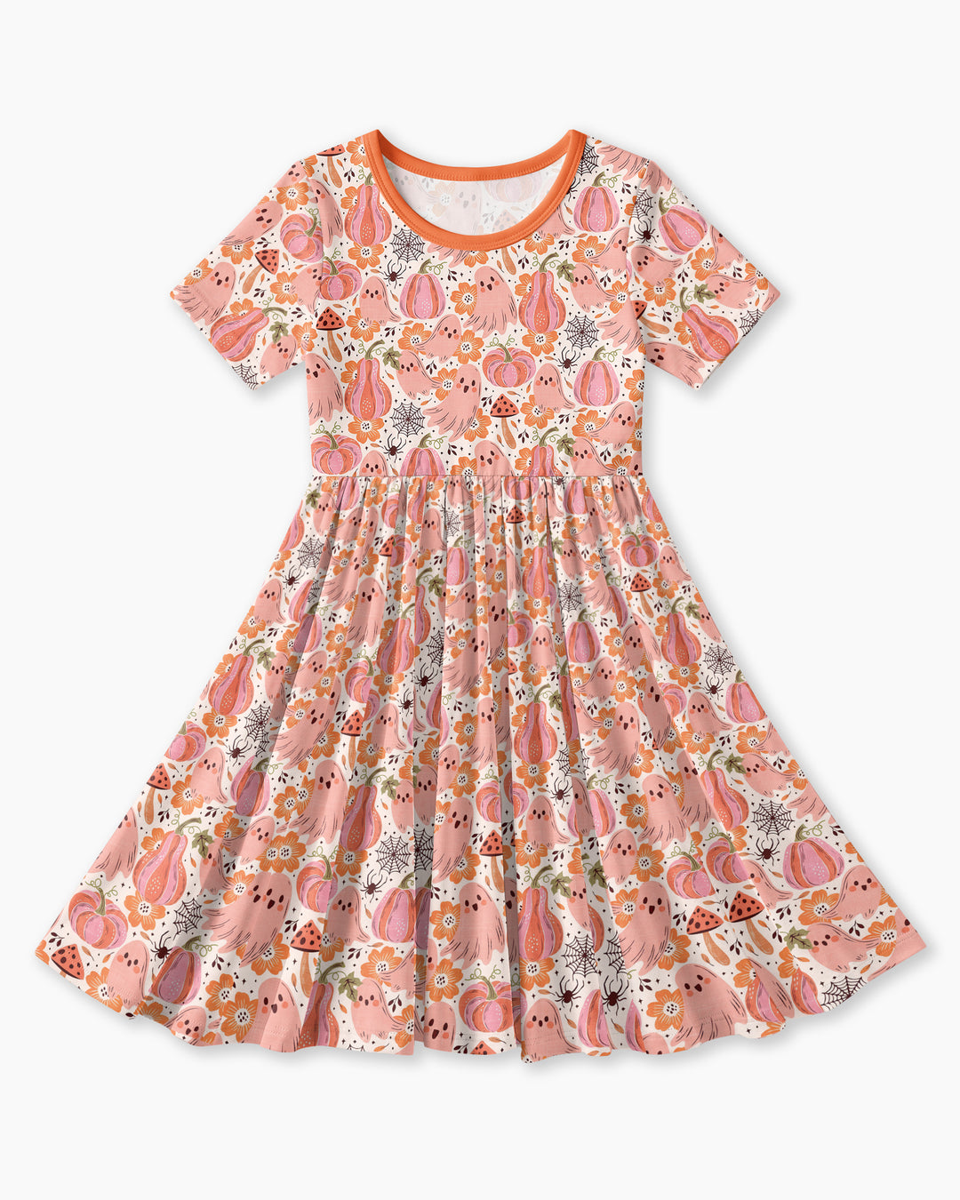 Pink Ghost Pumpkin Fall Floral Halloween Bamboo Twirl Dress