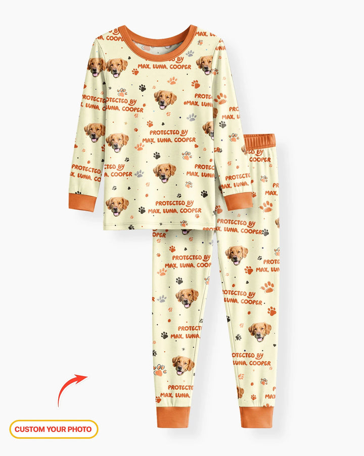 Custom Dog Photos "Protected By" Pawfect Blue Bamboo Two Piece Long Sleeve Pajama Set