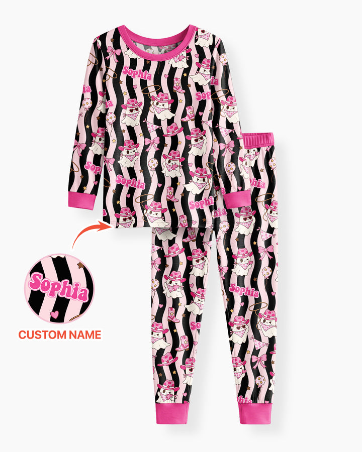 Pink Cowgirl Ghost Halloween Bamboo Two Piece Long Sleeve Pajama Set