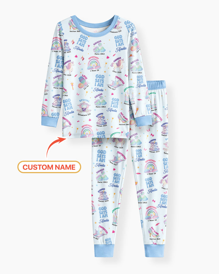 God Says I Am Custom Name - Dreamy Princess Bamboo Two Piece Long Sleeve Pajama Set