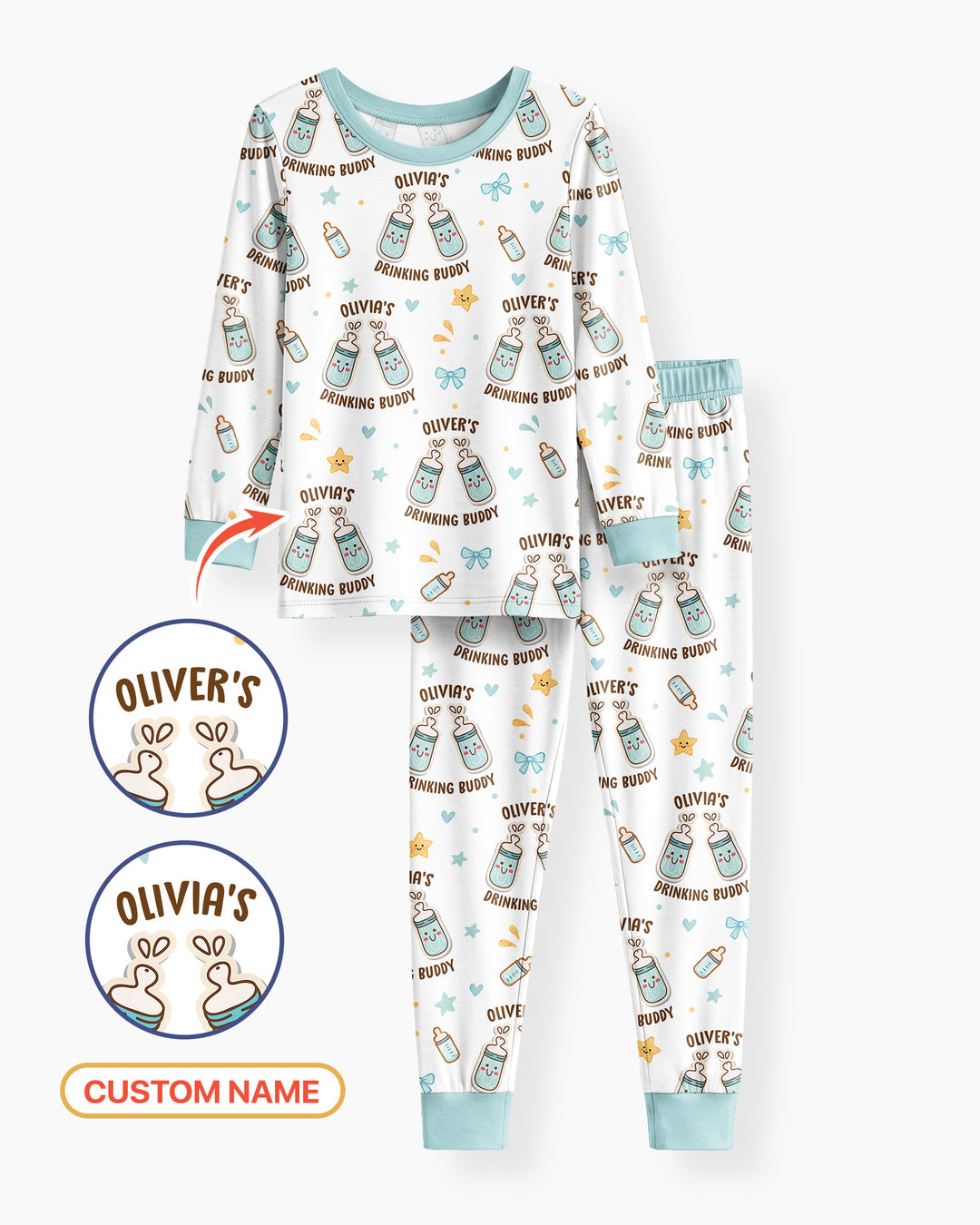 Custom Name Twin Drinking Buddies Bamboo Two Piece Long Sleeve Pajama Set