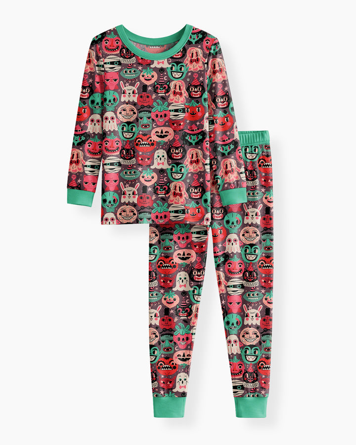 Retro Halloween Monsters Ghost Pumpkin Mummy Bamboo Two Piece Long Sleeve Pajama Set