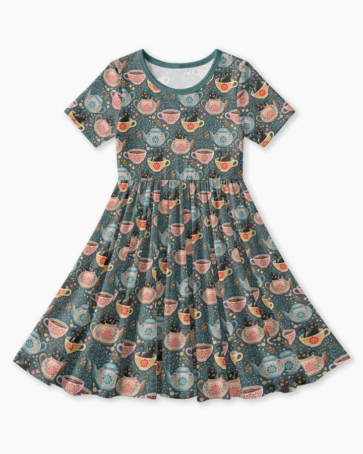 Folk Floral Black Cat Tea Party Bamboo Twirl Dress