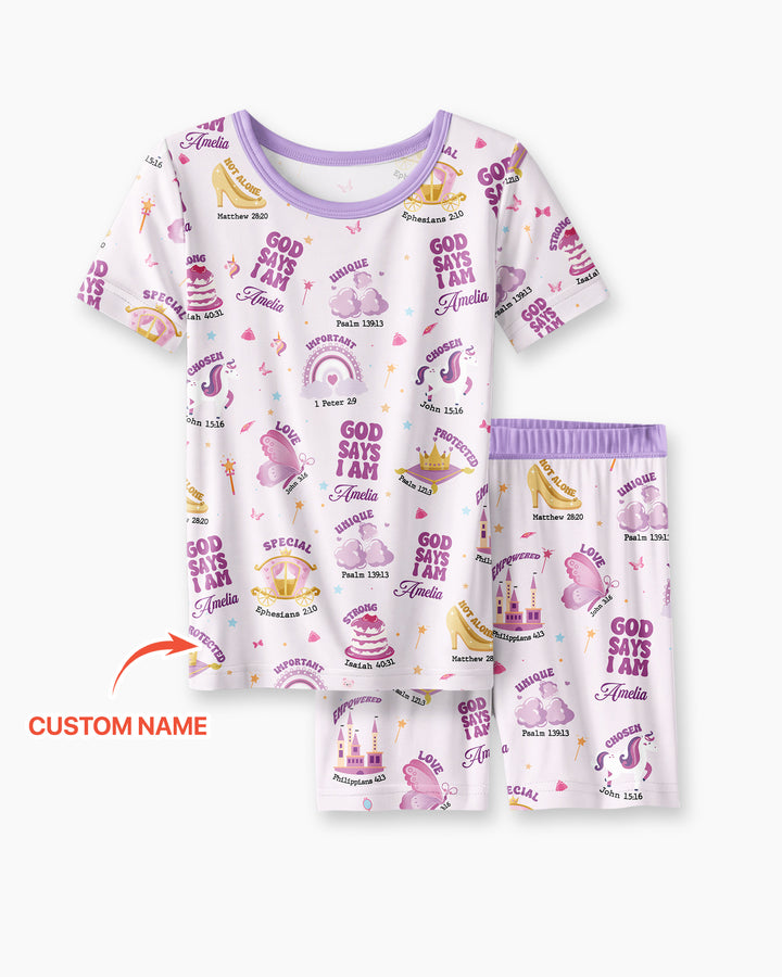 God Says I Am Custom Name - Dreamy Princess Bamboo Two Piece Short Sleeve Pajama Set