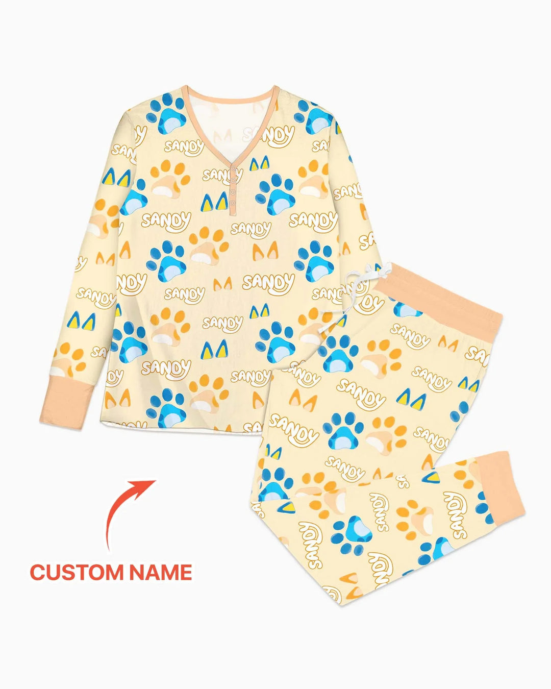 Benutzerdefinierter Name Lieblings-blaue Hunde-Familien-Pyjama-Set aus Bambus für Damen