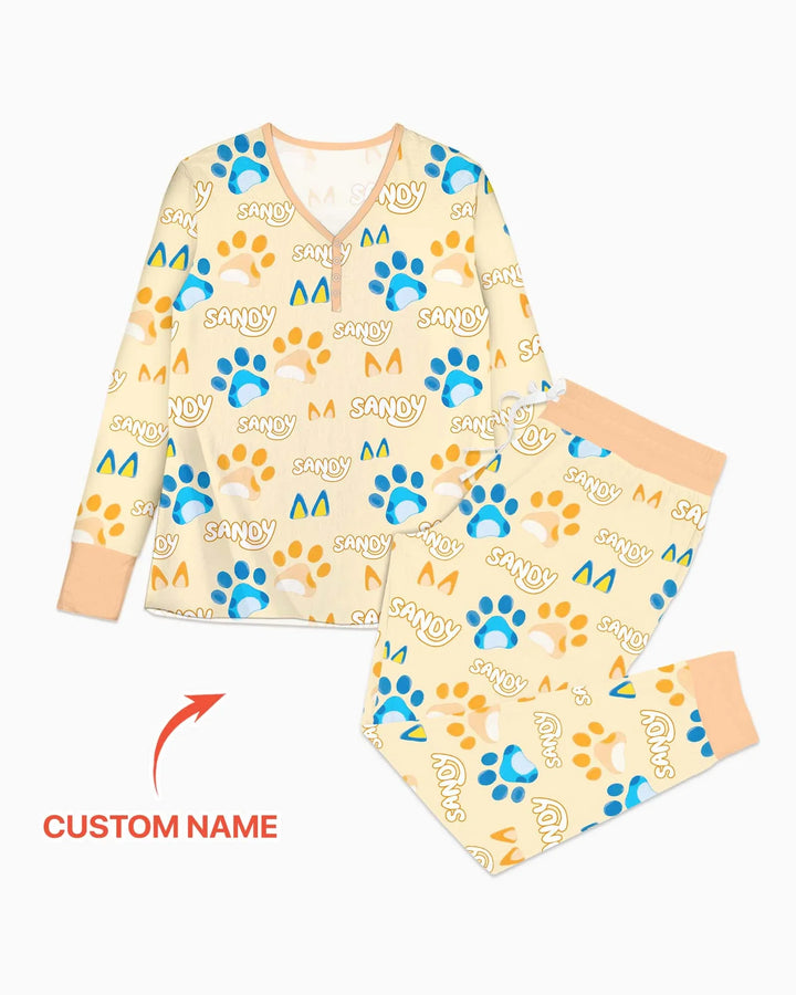 Benutzerdefinierter Name Lieblings-blaue Hunde-Familien-Pyjama-Set aus Bambus für Damen