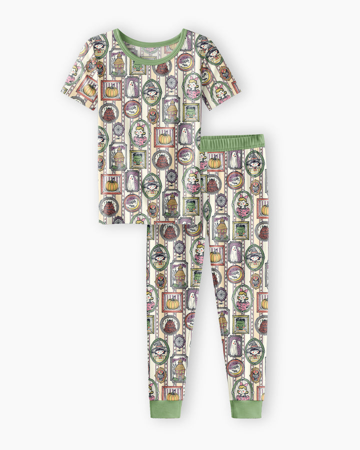 Vintage Halloween Ghost Pumpkin Portraits Bamboo Two Piece Short Sleeve Pajama Set