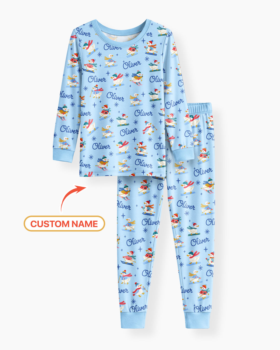 Custom Name Skiing Goose Bamboo Two Piece Long Sleeve Pajama Set