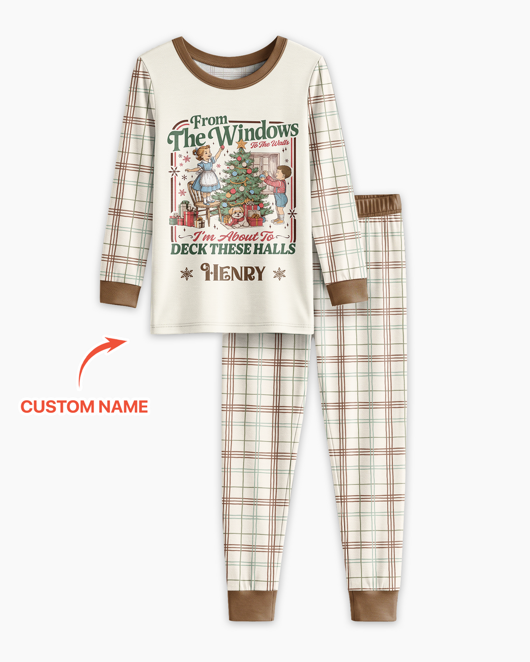 Custom Name Vintage Deck The Halls Bamboo Two Piece Long Sleeve Pajama Set