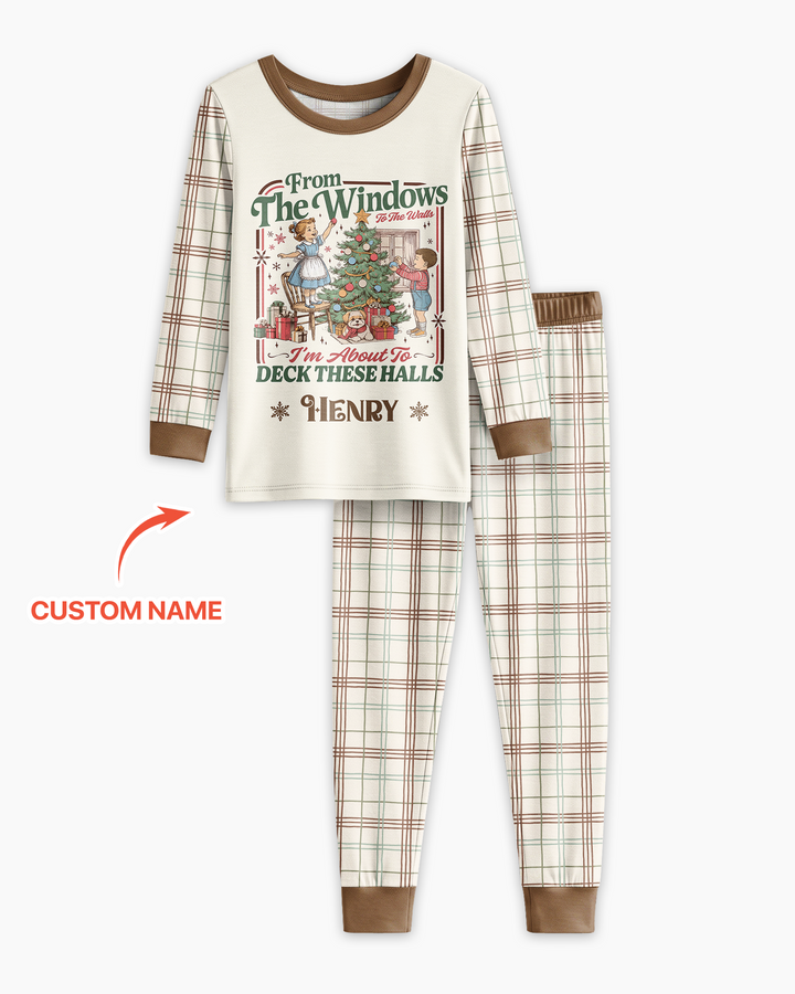 Custom Name Vintage Deck The Halls Bamboo Two Piece Long Sleeve Pajama Set