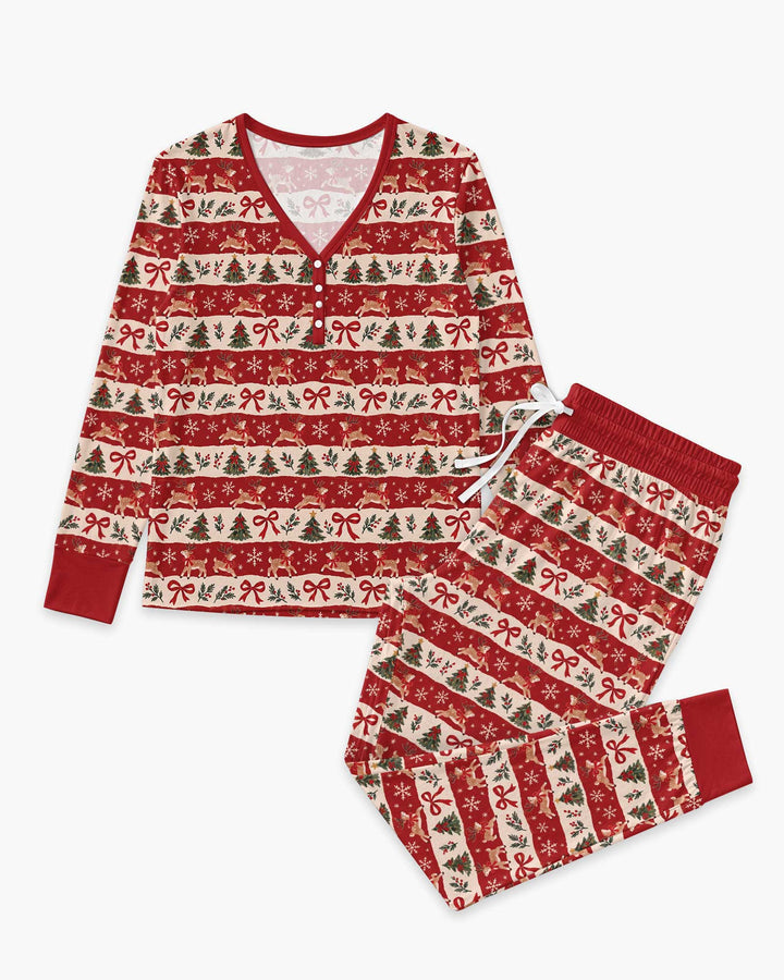 Vintage Reindeer Christmas Stripes Bamboo Women Pajama Set
