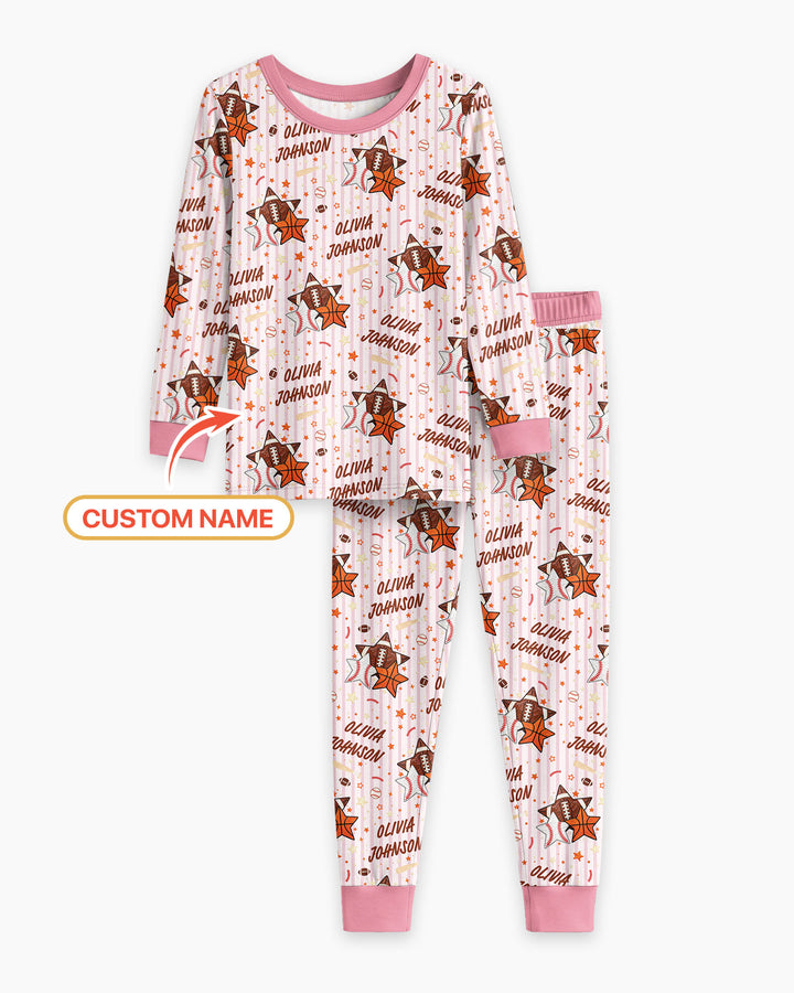 Sport Balls Custom Name Bamboo Two Piece Long Sleeve Pajama Set