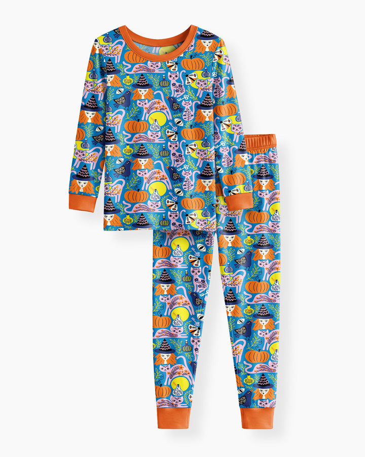 Whimsical Witch Cats Bamboo Two Piece Long Sleeve Pajama Set
