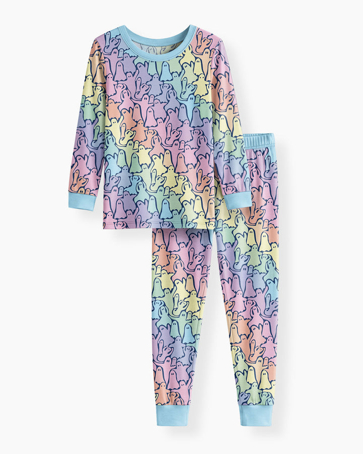 Pastel Rainbow Ghost Halloween Bamboo Two Piece Long Sleeve Pajama Set