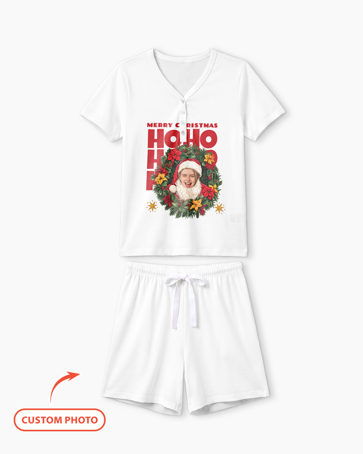 Personalized Photo Christmas Santa Bamboo Women Short Sleeve Short Pajama Set